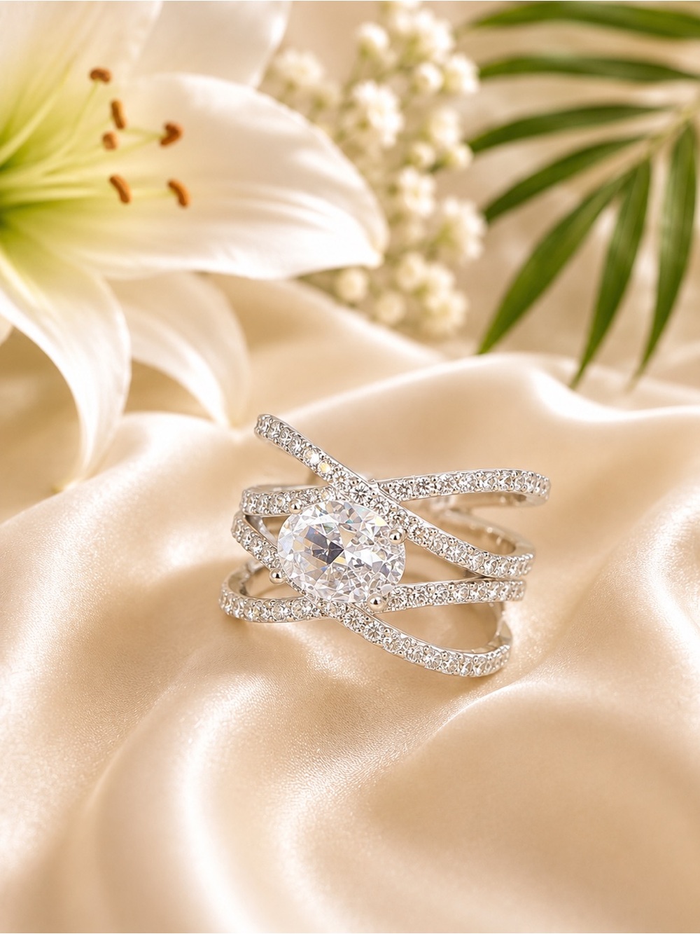 🇨🇦Canada Day BSilver Pavé Crisscross Ring with Clear Center Stone